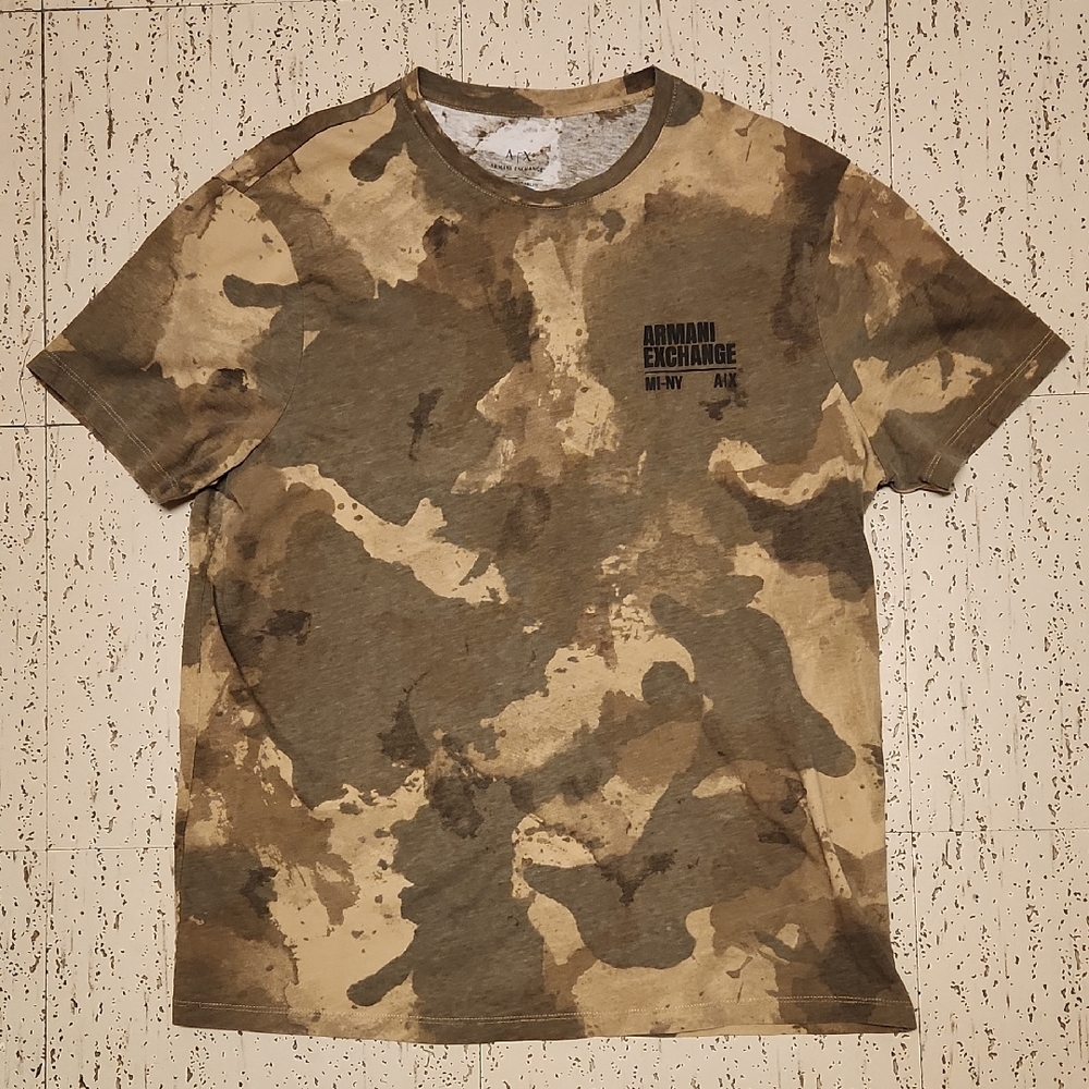 Armani Exchange Tan And Green Spellout Logo Full Camo Crewneck T-Shirt